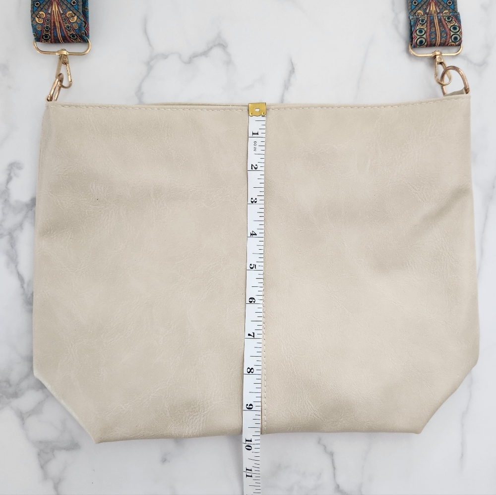 Unisex Creamy White Pu Leather Tote Bag with Patterned Boho Strap - Picture 12 of 14